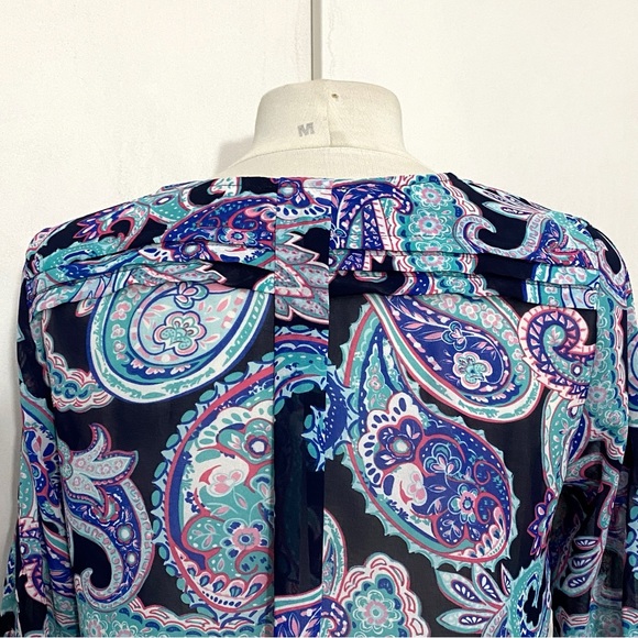 SKIES ARE BLUE paisley print sheer polyester ruched sleeves tuck shoulder top S - Picture 5 of 8